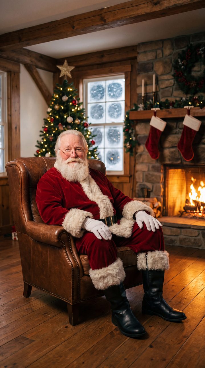 Santa seated in a leather armchair beside a stone fireplace with stockings and a Christmas tree